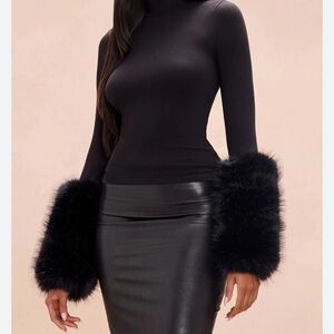 Black Turtleneck Top with Faux Fur Cuffs
